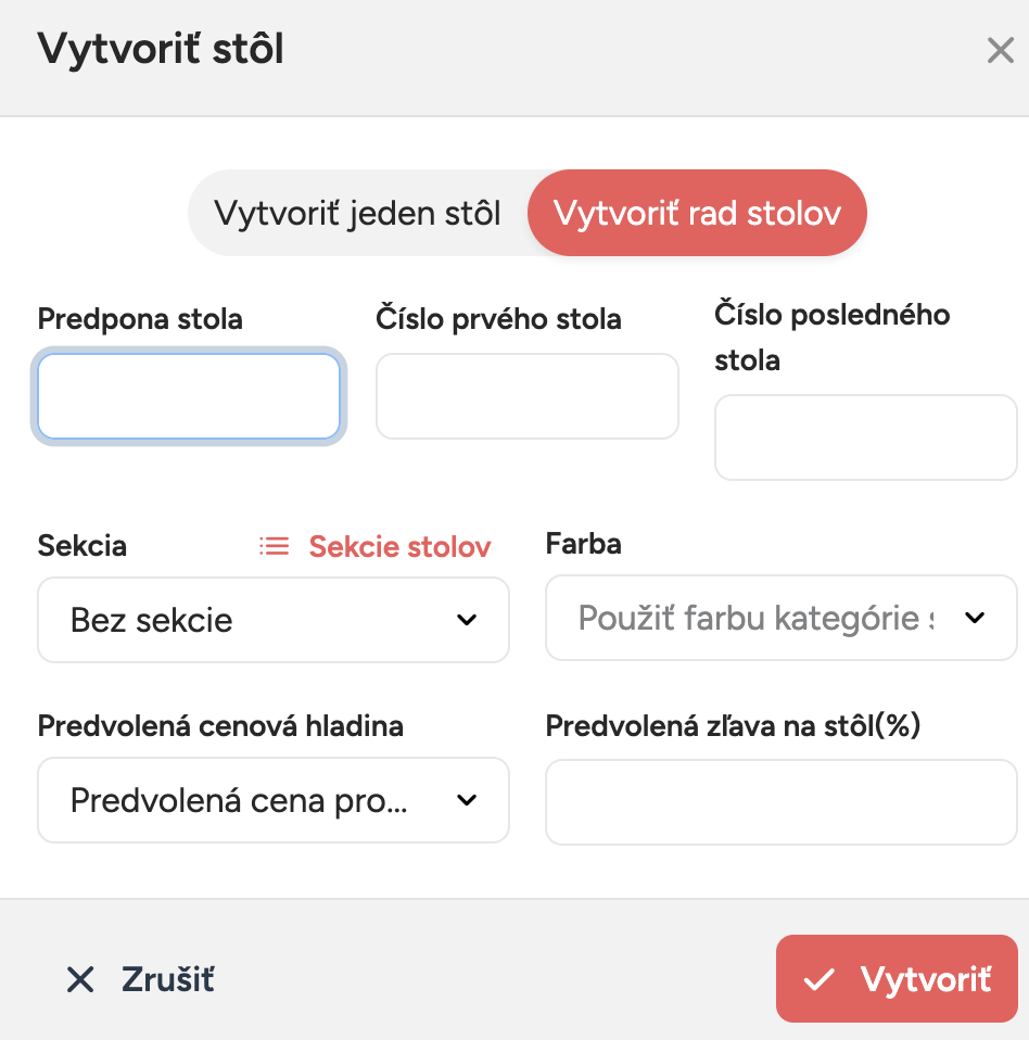 Vytvorenie radu stolov