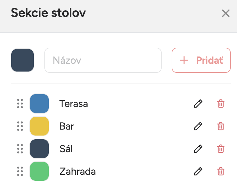 Vytvorenie sekcie stolov